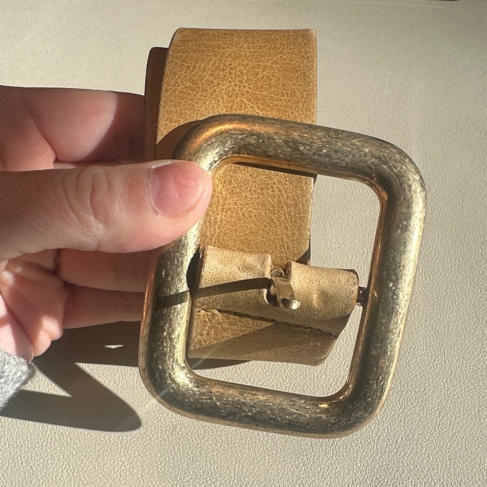 Tan Genuine Leather Belt with Oversized Gold Buckle